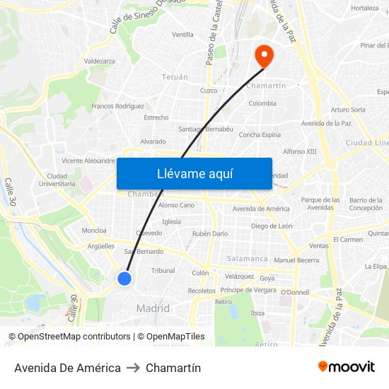 Avenida De América to Chamartín map