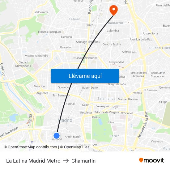 La Latina Madrid Metro to Chamartín map