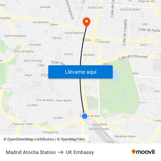 Madrid Atocha Station to UK Embassy map