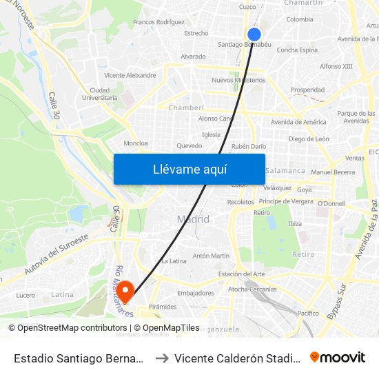 Estadio Santiago Bernabéu to Vicente Calderón Stadium map