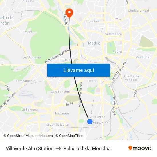 Villaverde Alto Station to Palacio de la Moncloa map