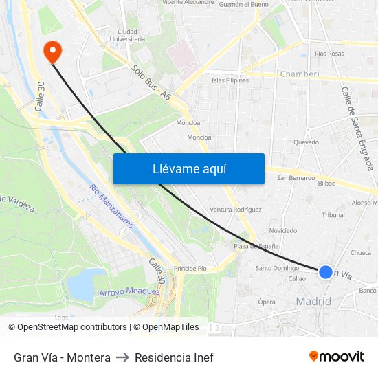 Gran Vía - Montera to Residencia Inef map