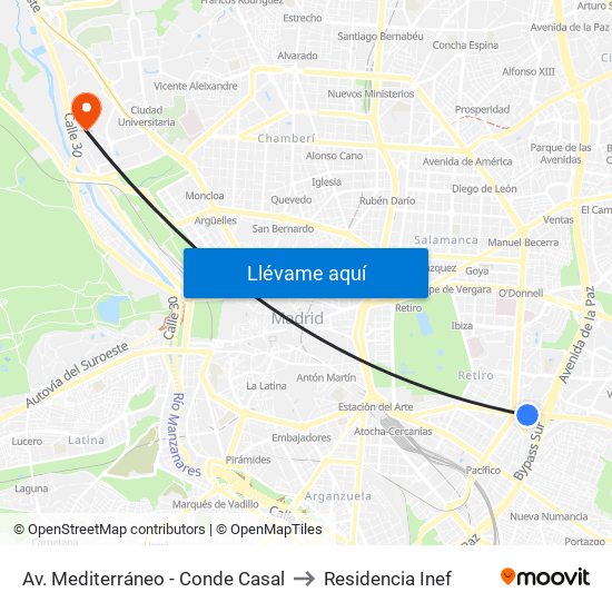 Av. Mediterráneo - Conde Casal to Residencia Inef map