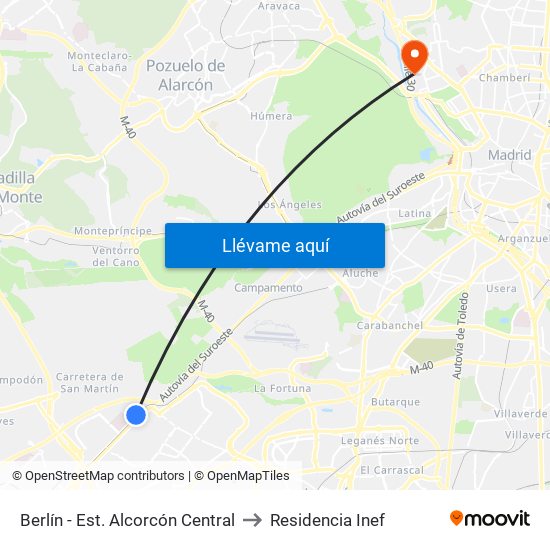 Berlín - Est. Alcorcón Central to Residencia Inef map