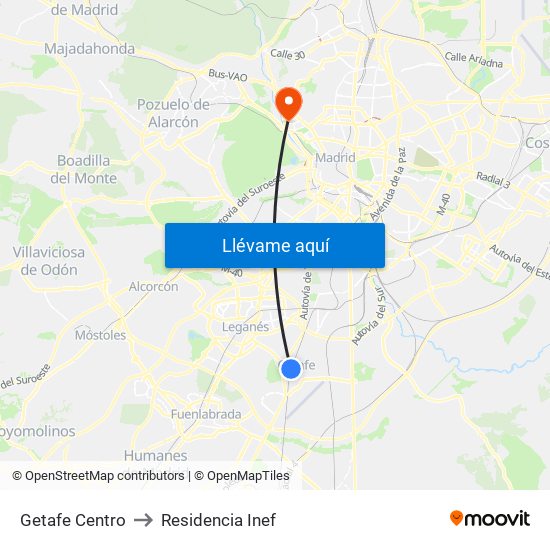 Getafe Centro to Residencia Inef map