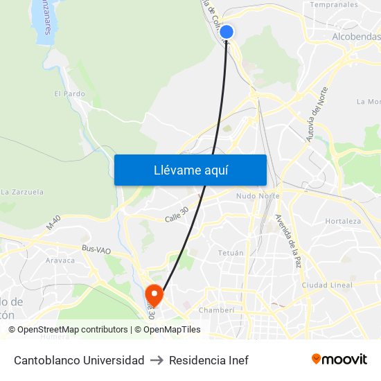 Cantoblanco Universidad to Residencia Inef map