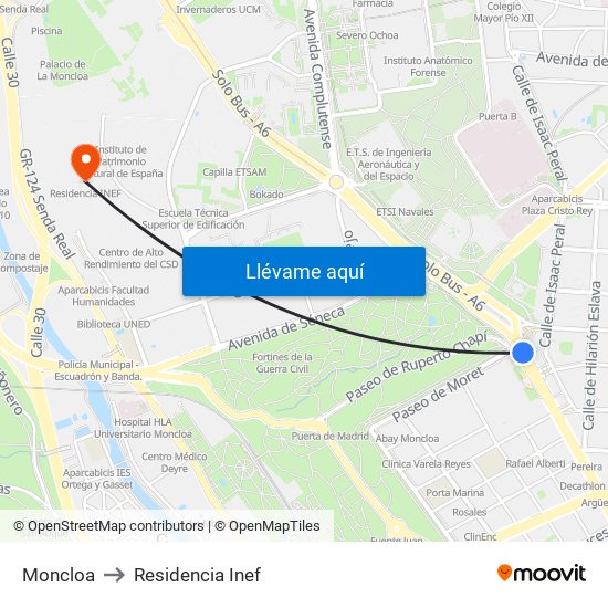 Moncloa to Residencia Inef map