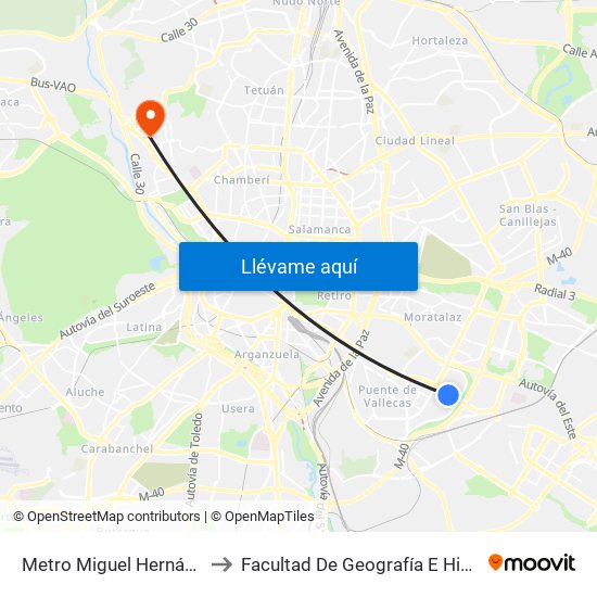 Metro Miguel Hernández to Facultad De Geografía E Historia map
