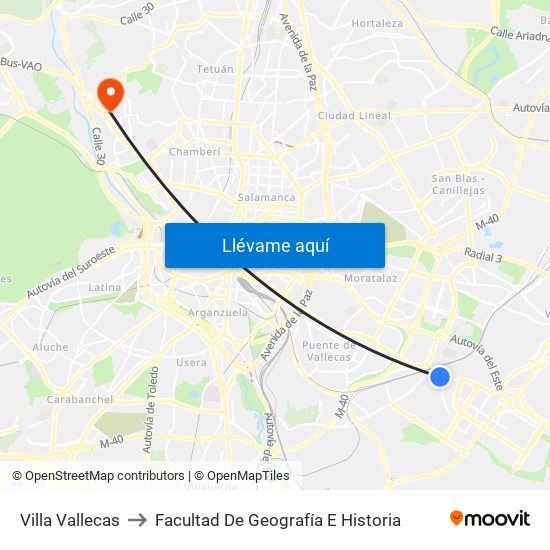 Villa Vallecas to Facultad De Geografía E Historia map