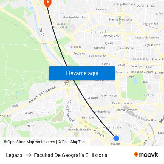 Legazpi to Facultad De Geografía E Historia map