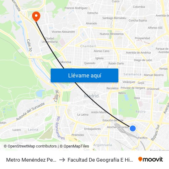 Metro Menéndez Pelayo to Facultad De Geografía E Historia map