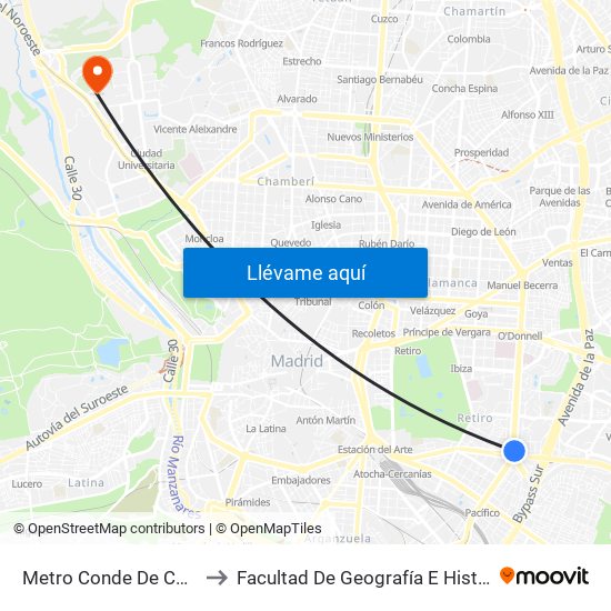 Metro Conde De Casal to Facultad De Geografía E Historia map