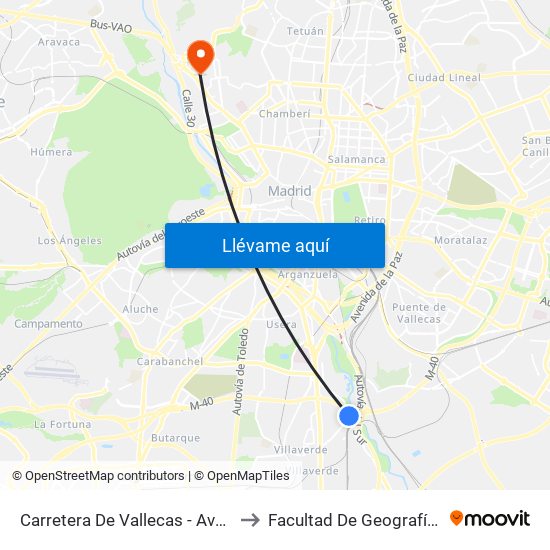 Carretera De Vallecas - Avenida Rosales to Facultad De Geografía E Historia map