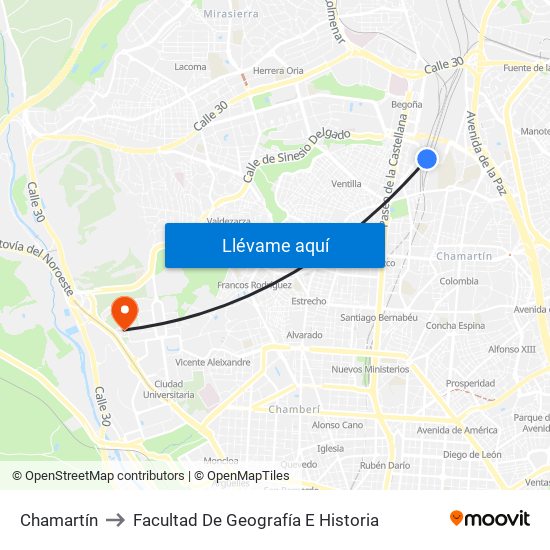 Chamartín to Facultad De Geografía E Historia map