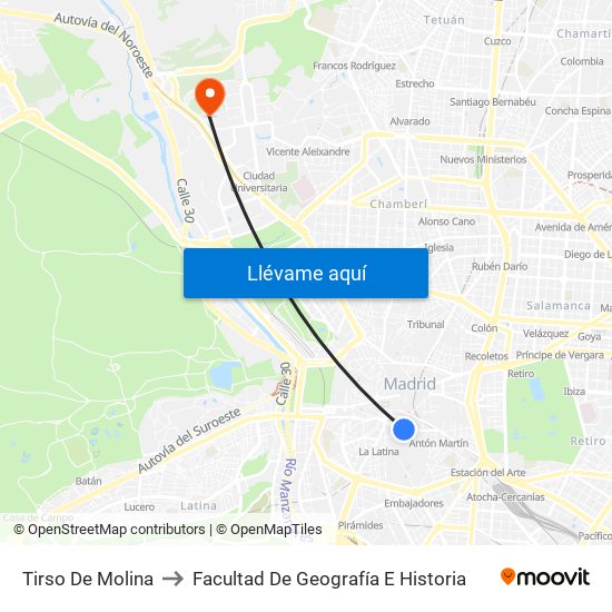 Tirso De Molina to Facultad De Geografía E Historia map