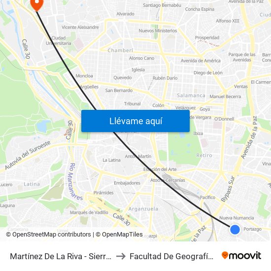 Martínez De La Riva - Sierra Carbonera to Facultad De Geografía E Historia map