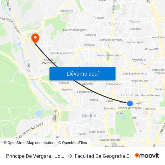 Príncipe De Vergara - Jorge Juan to Facultad De Geografía E Historia map
