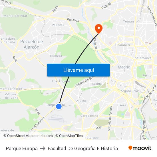 Parque Europa to Facultad De Geografía E Historia map