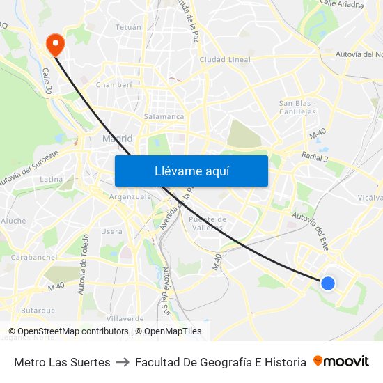 Metro Las Suertes to Facultad De Geografía E Historia map