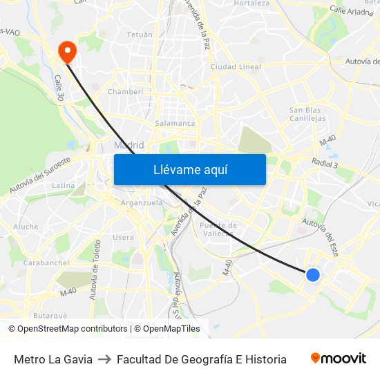 Metro La Gavia to Facultad De Geografía E Historia map