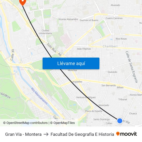 Gran Vía - Montera to Facultad De Geografía E Historia map