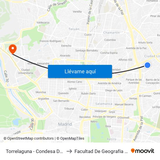 Torrelaguna - Condesa De Venadito to Facultad De Geografía E Historia map