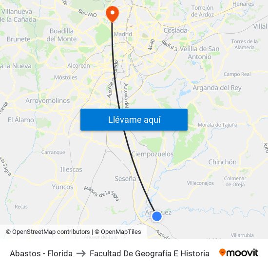 Abastos - Florida to Facultad De Geografía E Historia map