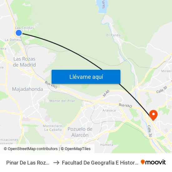 Pinar De Las Rozas to Facultad De Geografía E Historia map