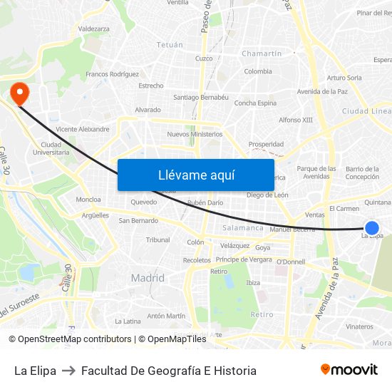 La Elipa to Facultad De Geografía E Historia map