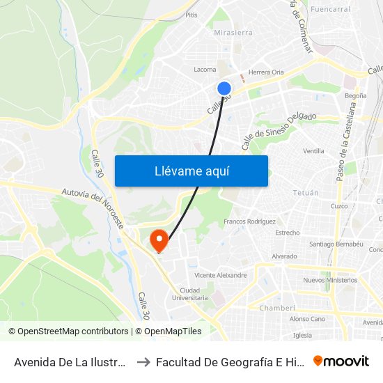 Avenida De La Ilustración to Facultad De Geografía E Historia map