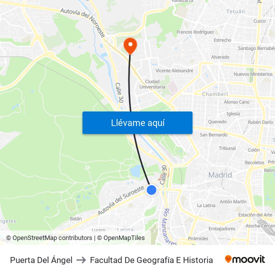 Puerta Del Ángel to Facultad De Geografía E Historia map