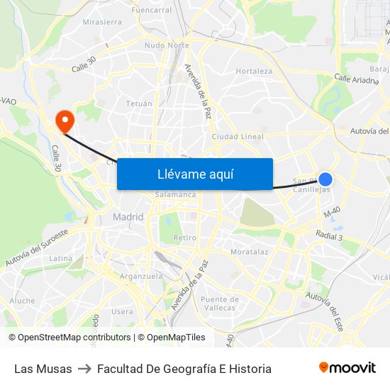 Las Musas to Facultad De Geografía E Historia map