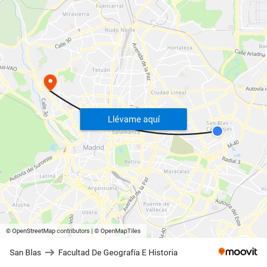 San Blas to Facultad De Geografía E Historia map