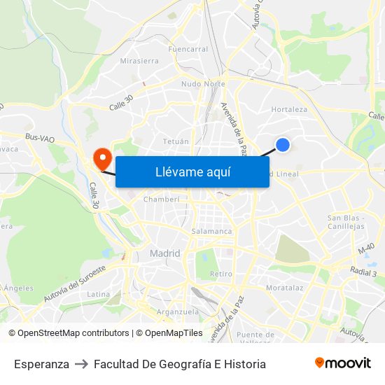 Esperanza to Facultad De Geografía E Historia map