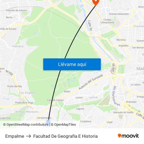 Empalme to Facultad De Geografía E Historia map