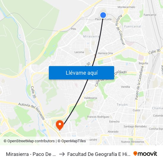 Mirasierra - Paco De Lucía to Facultad De Geografía E Historia map