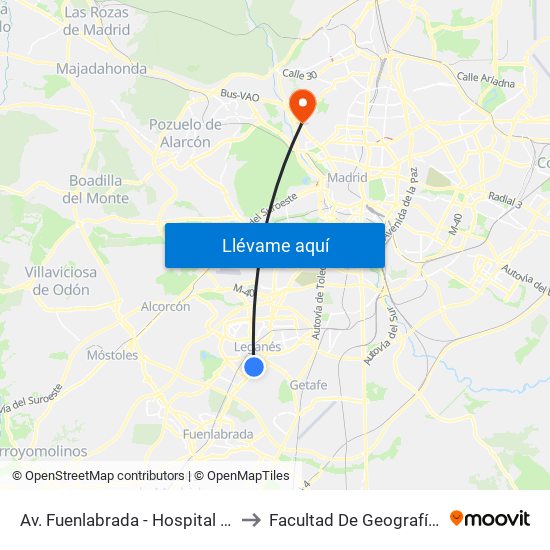 Av. Fuenlabrada - Hospital Severo Ochoa to Facultad De Geografía E Historia map