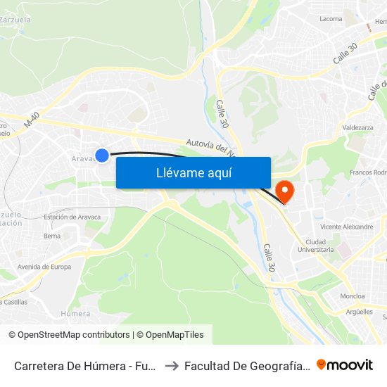 Carretera De Húmera - Fuente Del Rey to Facultad De Geografía E Historia map