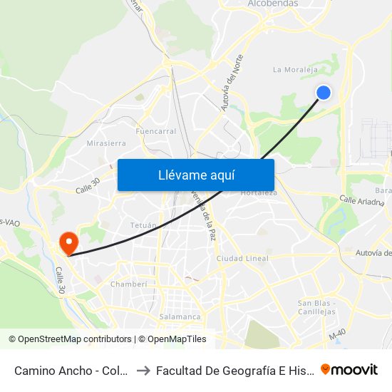 Camino Ancho - Colegio to Facultad De Geografía E Historia map