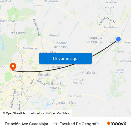 Estación Ave Guadalajara - Yebes to Facultad De Geografía E Historia map