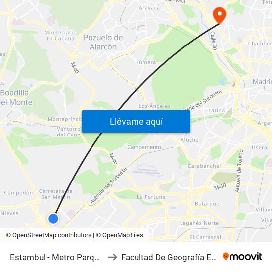 Estambul - Metro Parque Oeste to Facultad De Geografía E Historia map