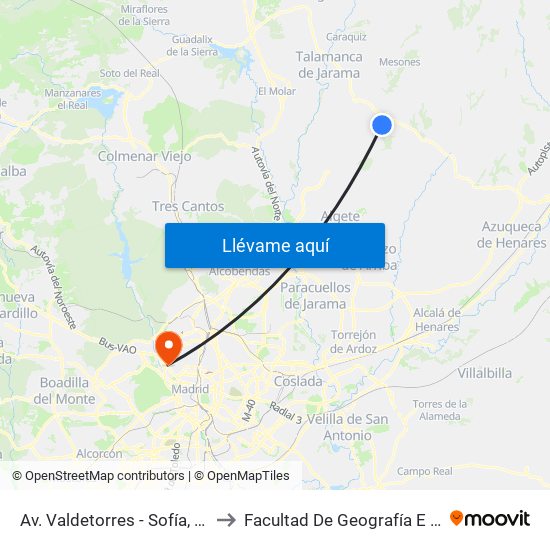 Av. Valdetorres - Sofía, El Casar to Facultad De Geografía E Historia map
