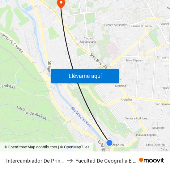 Intercambiador De Príncipe Pío to Facultad De Geografía E Historia map