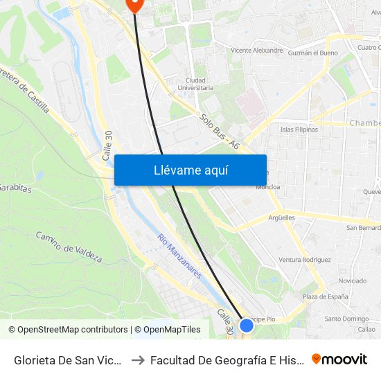 Glorieta De San Vicente to Facultad De Geografía E Historia map