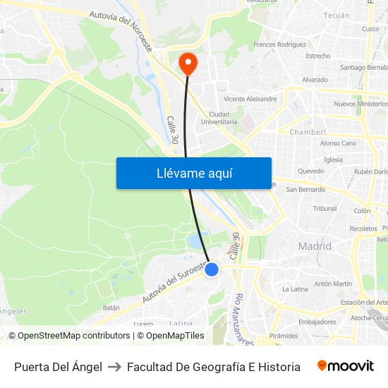 Puerta Del Ángel to Facultad De Geografía E Historia map