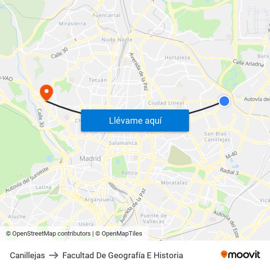 Canillejas to Facultad De Geografía E Historia map