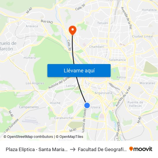 Plaza Elíptica - Santa María De La Cabeza to Facultad De Geografía E Historia map