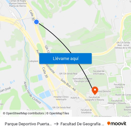 Parque Deportivo Puerta De Hierro to Facultad De Geografía E Historia map