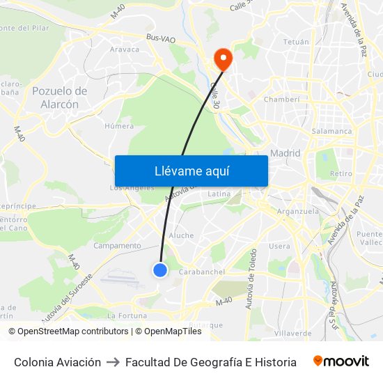 Colonia Aviación to Facultad De Geografía E Historia map