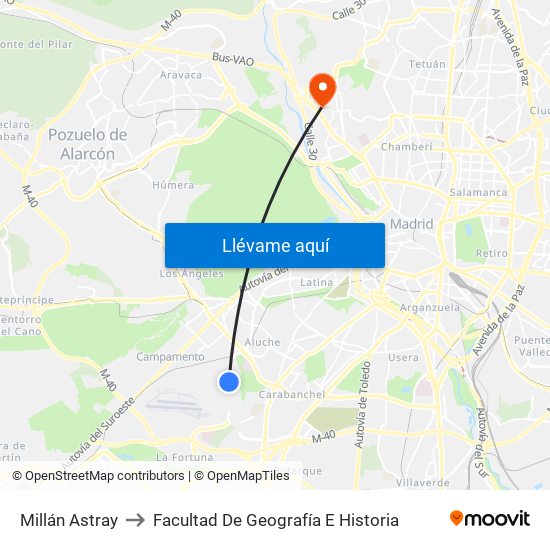 Millán Astray to Facultad De Geografía E Historia map